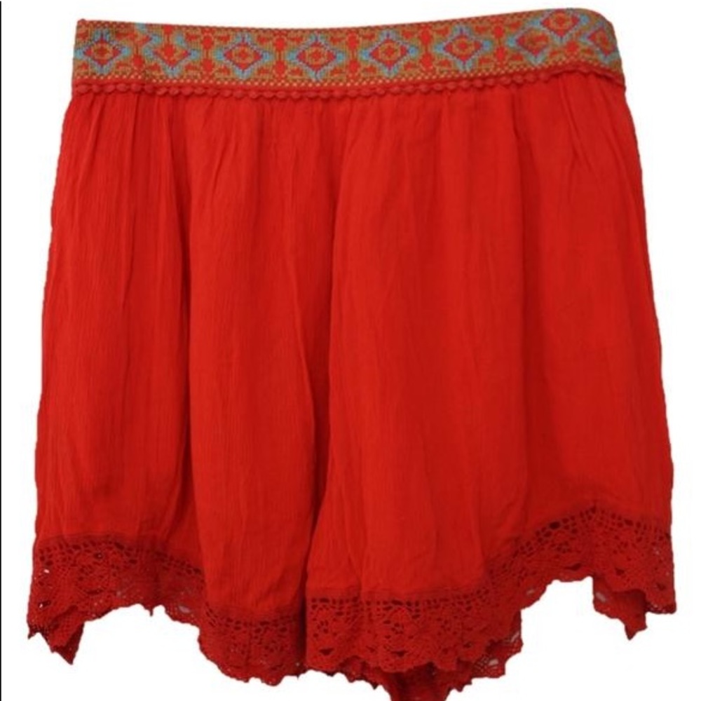 Red Moroccan Lace Embroidered High Waisted Shorts